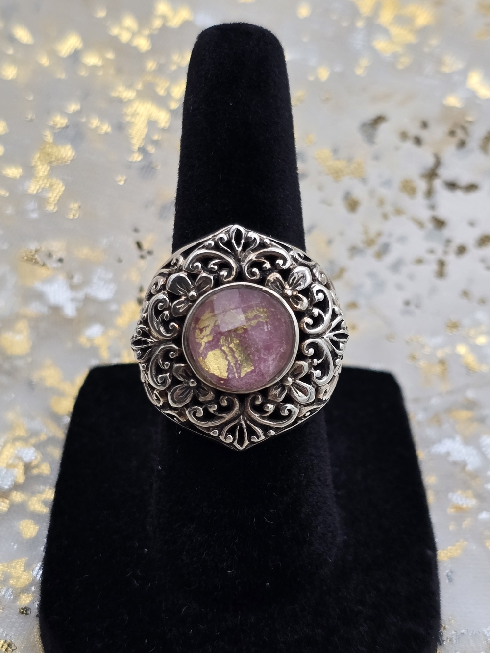 Size 6 925 Sterling and Faceted Pink and Gold Spinel Signed NOA Thailand Ring - Picture 7 of 7